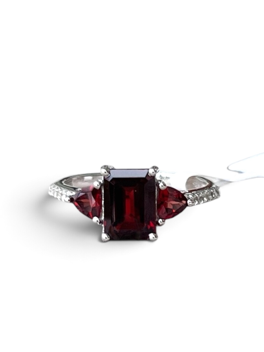 Sterling Silver Red Garnet And White Topaz Three Stone Ring Size 8